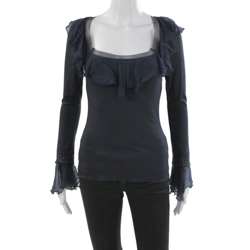 Cordelia Womens Blue Basic Square Neck Long Sleeve Blouse Rayon Size S